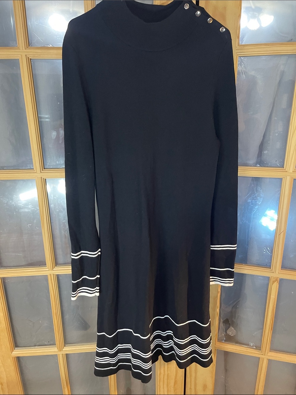 209. Ann Taylor Black Long-Sleeve Knit Dress with White Stripe Trim